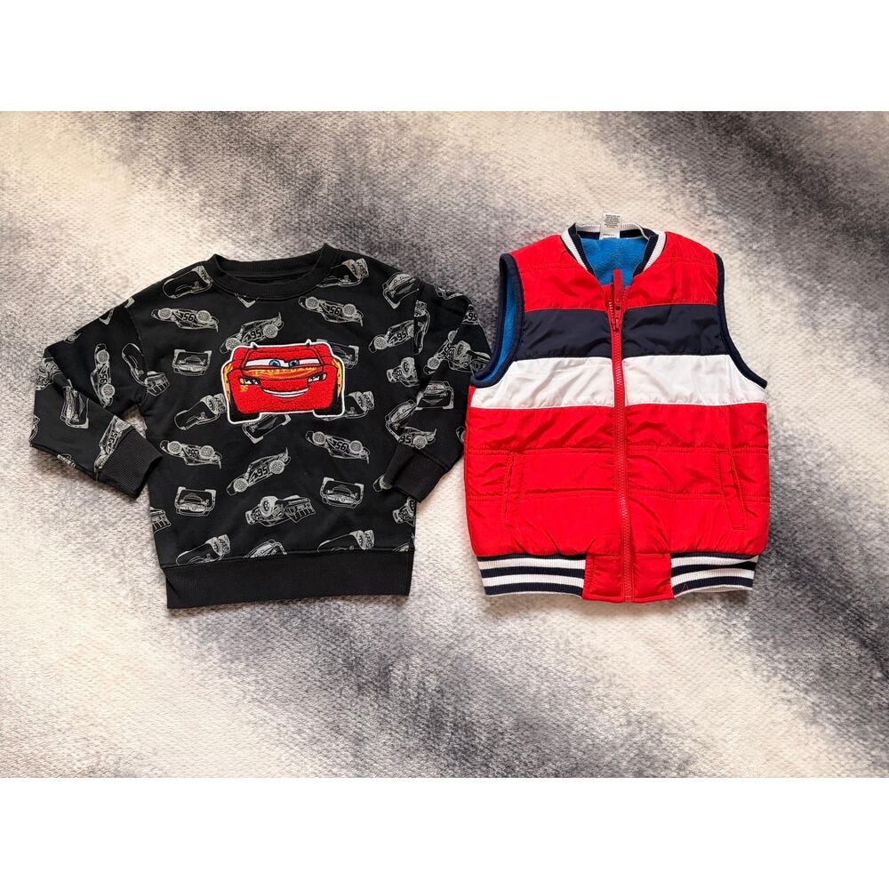 2 PC Bundle 4T 5T Toddler Boy Retro Puffer Vest Disney Cars Crewneck Sweater